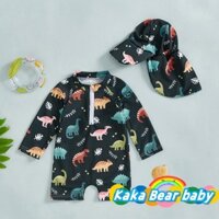Bé Trai Lá Khủng Long Họa Tiết Zip Up Tay Dài Cổ Thủy Thủ Đoàn Bảo Vệ Phát Hiện Đồ Bơi Có Mũ Bộ