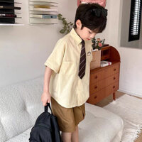 Bé Trai Preppy Phong Cách Áo Sơ Mi Phù Hợp Với Trẻ Em Quý Ông Phong Cách Phương Tây Quần Ngắn Tay Đẹp Trai Bộ Đồ Hai Mảnh