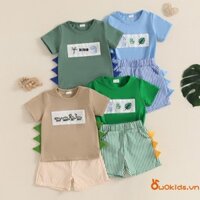 Bé Trai Tập Đi Mùa Hè Trang Phục Khủng Long Thêu Cổ Tròn Tay Ngắn Áo Có Eo Co Giãn Sọc Quần Short Trang Phục