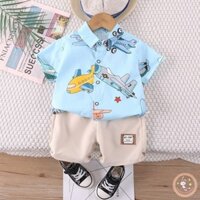 Bé Trai Tay Ngắn + Quần Short Bộ Trẻ Em Bé Trai Mùa Hè Đi Biển Mỏng Máy Bay In Màu Xanh Tay Ngắn Quần Màu Be