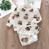 BEAR LEADER Bộ Đồ Ngủ 2 Món Bằng Vải flannel Tay Dài In Hình Gấu Giữ Ấm Mùa Đông