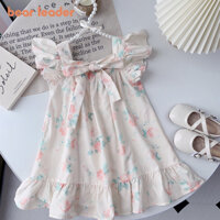 BEAR LEADER Đầm Công Chúa Màu Be Đính Nơ Xinh Xắn Cho Bé Gái 3-7 Tuổi