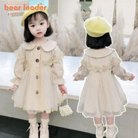 BEAR LEADER Gấu Lãnh Đạo Búp Bê Cổ Lưới Đính Áo Gió Đầm Đơn Ngực Hoa Áo Khoác Ngoài Quần Áo Dài Tay Chắp Vá Quần Áo Bé Gái