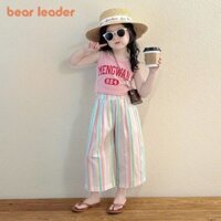 BEAR LEADER Gấu Leader Mùa Hè Bé Gái Bộ Đồ Thể Thao Hàn Quốc In Chữ Áo Vest + Quần Sọc Bộ Hai Mảnh 2-7 Tuổi Quần Áo Trẻ Em