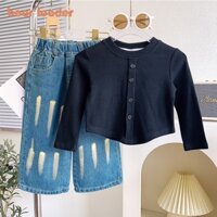 BEAR LEADER Set Đồ Mùa Thu 2 Món Gồm Áo Thun Dệt Kim Tay Dài Màu Trơn In Hình Gấu + Quần jeans Cho Bé Gái 2 3 4 5 6 7 Tuổi
