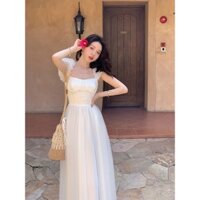 [Bear Wonderful House] French small flying sleeve sling Princess Pengpeng skirt summer new elegant fairy skirt sweet mesh slimming long skirt