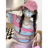 [Bear Wonderful House] rainbow striped short-sleeved knitwear women's summer 2023 new sweet and spicy chic square collar slim-fit hot girl Short Shirt