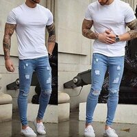 Beautifultime Nam Quần Skinny Rách Sờn Giày Lười Phù Hợp Với Biker Jogger Denim Quần