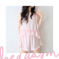 BEDGASM - Đồ bộ nữ freesize hồng phấn - Set đồ ngủ đũi mềm - Set đồ nữ gồm Áo kiểu 2 dây viền nhún trẻ trung