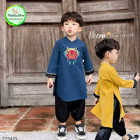 [BEEMO] Set áo dài bé trai thêu HÌNH ĐẦU RỒNG màu xanh/vàng chất nhung chéo kèm quần phi bóng