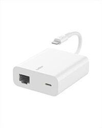 Belkin – Bộ điều hợp nguồn & Ethernet W/Lightning: Bộ chia cổng kép Ethernet cho iPad Pro, iPad Mini, iPad Air & Bộ sạc iPhone – Tốc độ Ethernet 480 Mbps & Cung cấp năng lượng 12W