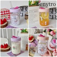 Benytro 1 Chai Thủy Tinh, Có Nắp Ống Hút Cốc Thủy Tinh Kawaii, Nước Sữa Không Chứa BPA Trà Bong Bóng 600ml Cốc Rơm Cho Nước Cà Phê Uống