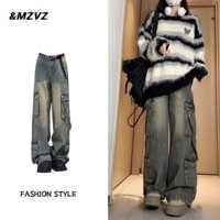 Béo mm Ngọt Ngào Thoáng Mát Kéo Retro Rộng Quần Jean Nữ Plus Size Mỹ Công Nghiệp Nặng Đau Khổ Rời Ôm Hơn Nhìn Thẳng O