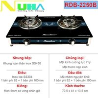 Bếp ga đôi kiếng cường lực Raiden RDB2250B, kiềng men 5mm, kính 7ly, mũ nhôm, bảo hành 2 năm