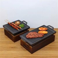 Bếp gang nướng chân gỗ đĩa gang nướng Chảo Gang Nướng Thịt BBQ Bò Bít Tết Steak hình chữ nhật kèm đế gỗ Kiểu Hàn Quốc Dù