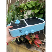 Bếp lẩu nướng 2 ngăn Hàn Quốc, Nồi lẩu 2 in1 siêu chống dính đa năng Bếp điện đa năng xanh dương