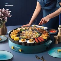 Bếp lẩu nướng điện đa năng 2 in 1,Nồi lẩu nướng điện không khói ChefsLife có 2 mâm cho Gia Đình