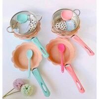 [Bếp từ] Bộ nồi chảo cho bé ăn dặm hình hoa men đá chống dính kèm xửng hấp và phới đảo cao cấp Misyhome