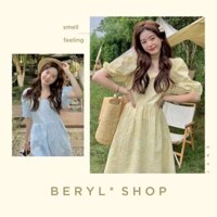 Beryl🌻Đầm🍄 Váy Ngắn Tay Hoa Màu Xanh Nhạt Màu Vàng nhạt 2 Màu Váy Tay phồng Hàn Quốc Dễ thương