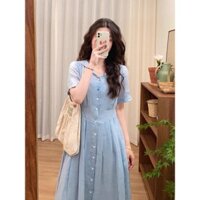 【Bess's house-bigsize】váy tiểu thư sang chảnh，váy đẹp cho nữ sang chảnh，váy bigsize nữ dáng dài，Đầm Mùa Hè Nữ Eo Giảm Béo Một Lông Overknee Đầm Phong Cách Pháp Mới Cao Cấp Màu Xanh Ve Áo Sơ Mi，đầm body，váy body，đầm ôm，váy sang chảnh，đầm babydoll