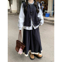 【Bess's house】áo kiểu hàn quốc+Áo vest+chân váy dài，set đồ nữ đi chơi，set đồ nữ sang chảnh，đồ bộ nữ sang chảnh，Nghệ Thuật Retro Bộ Trà Đa Năng Áo Cardigan Băng Đầm Dài Tay Tương Phản Váy Xuân Thu Nữ Ba Mảnh Phù Hợp Với，set đồ nữ mùa đông