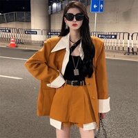 【Bess's house】áo vest+quần đùi，vest kiểu，quần short，set đồ nữ，set đồ nữ mùa đông，áo công sở，thời trang nữ，Bộ Áo Khoác Giả Hai Lớp Phối Quần Short Dáng Ôm Thời Trang Mùa Thu Cao Cấp Mới Dành Cho Bạn Nữ，suit nữ，set bộ ，set đồ，đồ bộ，đồ nữ