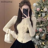Best Shop 3D-Hoa Cardigan Nữ Phong Cách Hàn Quốc Cao Cấp Nút Thiết Kế Dệt Kim Thường Ngày Thu Đông Ấm Áp Chắc Chắn Dài Tay Thẩm Mỹ Mới