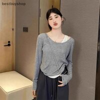 Best Shop Nữ Hàn Quốc Tương Phản Màu Sắc Chắp Vá Dài Tay Giả Hai Mảnh Áo Len Dệt Kim Mới