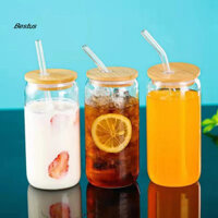 Bestus| Cốc cà phê đá Quà tặng người yêu cà phê Cốc thủy tinh hình 470ml có nắp tre Ống hút Bộ thủy tinh tái sử dụng cho trà cà phê đá Bia Soda Ly thủy tinh thân thiện với môi trường