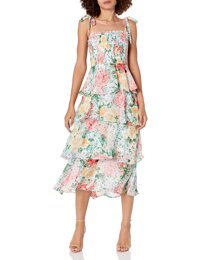 Betsey Johnson Women's Tie Sleeve Floral Tiered Midi Dress