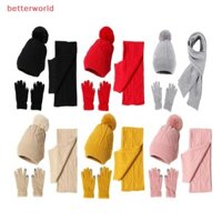 (Betterworld) Bộ 3 Găng Tay Khăn Ấm Áp Mùa Đông Nữ Bộ Găng Tay Nữ Dày Đan Beanies Mũ Găng Tay Màu Trơn Quần Áo Phụ Kiện [VN]