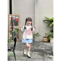 [B&G] Sét áo thun cotton trắng phối xanh in hình kèm chân váy kaki cho bé gái đi học đi chơi