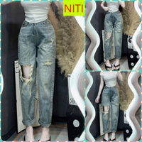 [BGNL1757] QUẦN BAGGY JEANS NỮ LƯNG CAO RÁCH MẢNG ĐÙI PHẢI CÀO ĐÙI TRÁI NHẸ LAI CUỐN XANH NHẠT TÔN DÁNG SIÊU HOT HIT