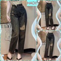[BGNL1881] QUẦN BAGGY JEANS NỮ LƯNG CAO RÁCH MẢNG GỐI TRÁI ĐẮP HÔNG CAO NHẸ LƯNG MÀU XANH ĐẬM VÀNG LAI CUỐN TÔN DÁNG