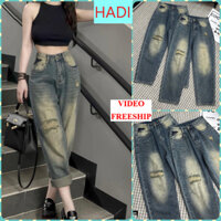 [BGTD3404] QUẦN BAGGY JEANS NỮ LƯNG CAO RÁCH ĐÙI XANH ĐẬM PHỦ VÀNG ĐÙI LAI CUỐN TÔN DÁNG SIÊU NGẦU HOT HIT