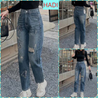 [BGTD3425] QUẦN BAGGY JEANS NỮ LƯNG CAO THÊU CHỮ HA5 KÈM RÁCH ĐÙI MÀU XANH ĐẬM BỤI LAI CUỐN TÔN DÁNG HOT HIT