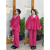 BGX9Z- sét bộ babydoll carro dài, áo form to tay dài cổ V đính nơ, quần suông dài bèo, chất lụa carro đẹp