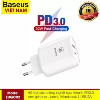 [BH 18THÁNG] Củ sạc nhanh Baseus 32W cổng USB và PD Type C tặng kèm cáp Type C sạc nhanh cho  iPhone X, XS Max,Samsung