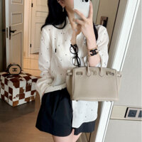 Bh Áo sơ mi chấm bi vải lanh nữ phong cách Hàn Quốc cổ polo dài tay mỏng phiên bản dáng rộng