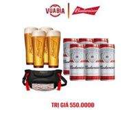 Bia Budweiser Lốc 6 Lon 330ml  + 4 Ly Budweiser 330ml + Túi Thời Trang Budweiser Cao Cấp - QUÀ TẶNG KHÔNG BÁN