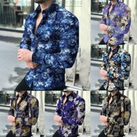 【Big Discounts】Mens Printed Long Sleeve Muscle Fitness Button Down Shirt Party Up Silky Dress#BBHOOD