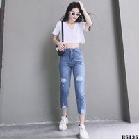 [Big Sale] Quần Jean Nữ Baggy Rách Gối Màu Xanh Đẹp Hàng Cao Cấp B5135 - Hàng nhập khẩu