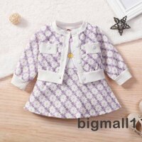 BIGMALL-Áo khoác hoa + đầm midi sát nách cổ tròn eo cao + áo khoác cardigan màu tím/hồng