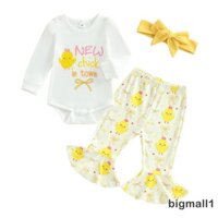 Bigmall-baby Bé Gái Quần Áo Mùa Xuân Tay Dài In Chữ Áo Liền Quần Họa Tiết Gà Con Quần loe và Băng Đô