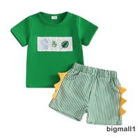 Bigmall-toddler Bé Trai Trang Phục Mùa Hè Thêu Khủng Long Cổ Tròn Áo Tay Ngắn Với Co Giãn Eo Sọc Quần Short Trang Phục