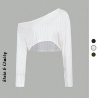 [Bigsize 45-75kg / Order] Áo croptop thun len mỏng lệch vai trễ tay dài sọc dọc nữ tính đáng yêu