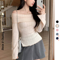[Bigsize 45-75kg / Order] Áo len trễ vai gân hoa văn nổi xẻ eo bên tay loe dài nếp gấp thanh lịch nữ tính