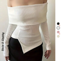 [Bigsize 45-75kg / Order] Áo len trễ vai gấp nếp vạt lệch tà tay dài ôm sát quyến rũ thanh lịch