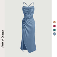 [Bigsize 45-75kg / Order] Đầm ôm xẻ tà nhún eo lụa phi bóng dây kéo hai dây thanh lịch elegant gấp nếp ngực