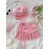 [Bigsize 45-75kg / Order] Set áo ống cúp ngực chân váy xòe voan xếp ly rua rua đính hoa đáng yêu mùa hè